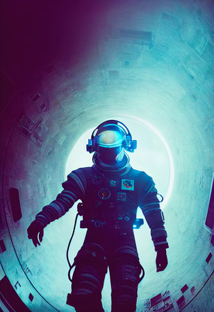 A fictional person, not based on a real person. Portrait of an fictional astronaut in a spacesuit. High-tech astronaut from the future. The concept of space travel. 3D renderingの写真素材