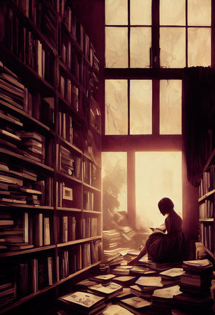 A fictional person, not based on a real person. Woman in the library. Portrait of a lover of books. A beautiful young girl in a library. 3d renderingの写真素材