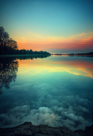 A beautiful ancient lake, with the reflection of the sky and clouds. Generative AI Art.