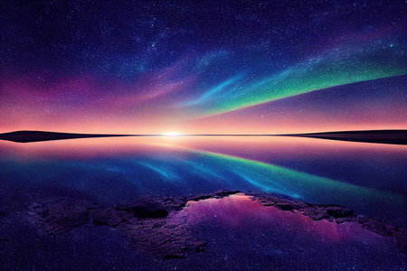 Beautiful ancient lake at night with bright galaxies reflecting in the water. 3D rendering.
