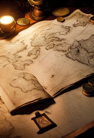An ancient pirate map in the cabin of a pirate ship. Image of an ancient ancient pirate map. An...