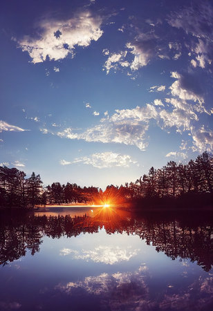 Beautiful ancient lake at night with bright galaxies reflecting in the water. 3D rendering.の写真素材