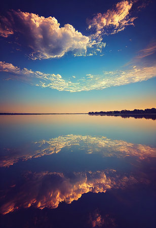 Beautiful ancient lake at night with bright galaxies reflecting in the water. 3D rendering.