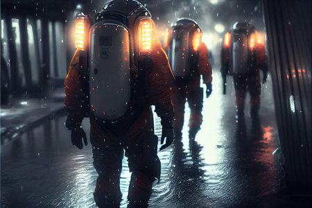 An astronaut on an alien planet. A high-tech astronaut from the future. Generative AI Artの写真素材