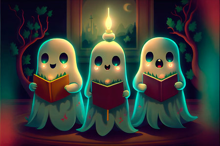 Cheerful singing ghosts on a merry Christmas Eve. A Christmas winter atmosphere. Generative AI Art