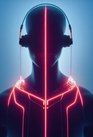 A fictional person, not based on a real person. Portrait of a sci-fi cyberpunk man. High-tech futuristic man from the future. The concept of virtual reality and cyberpunk. 3D render.の写真素材