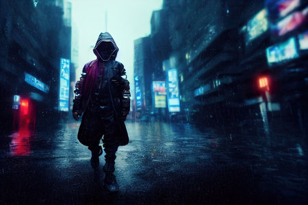 A fictional person, not based on a real person. Portrait of a sci-fi cyberpunk man. High-tech futuristic man from the future. The concept of virtual reality and cyberpunk. 3D render.の写真素材