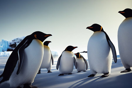 Emperor penguins on the ice in the Antarctic. Cold Antarctic and ice blocks. 3D renderingの写真素材