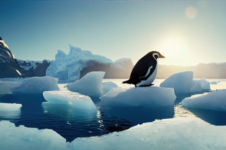 Emperor penguins on the ice in the Antarctic. Cold Antarctic and ice blocks. 3D renderingの写真素材