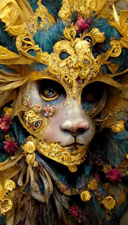 A medieval man wearing a golden lion mask. A festival in masks in the ancient days. Carnival concept in masks. Perfect for phone wallpaper or for posters. 3d renderingの写真素材