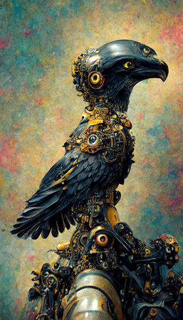 Futuristic cyberpunk robot eagle. High-tech steampunk robot from the future. Futuristic and cyberpunk concept. Perfect for phone wallpaper or for posters.の写真素材