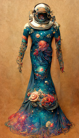 A fancy astronaut in unusual colorful magical clothing. Artistic abstract beautiful spaceman. Perfect for phone wallpaper or for posters. 3D rendering.の写真素材