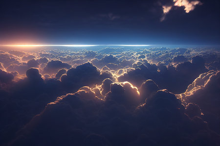 Background of the sky with clouds. Flying through the clouds. 3D rendering.