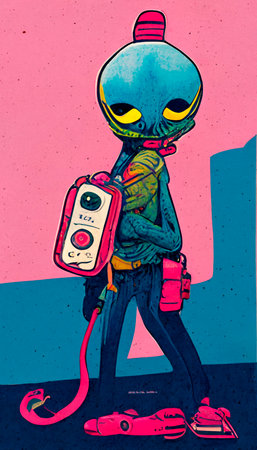 Love alien depicted in pink colors and cartoon style. Artistic abstract alien. Perfect for phone wallpaper or for posters.の写真素材