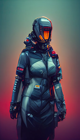 Portrait of a girl in a futuristic cyberpunk style in a cyber suit. A high-tech man from the future. The concept of virtual reality and cyberpunk.の写真素材