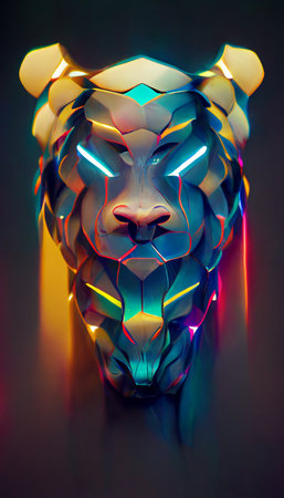 Royal surrealistic abstract chrome multicolored tiger. Growling tiger made of metal. Concept of the hunter. Perfect for phone wallpaper or for posters. 3d renderingの写真素材