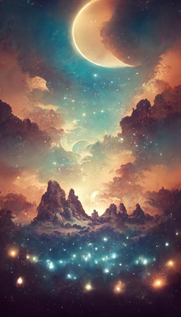Colorful multicolored vivid picture of the starry sky. Painted bright multicolored nature. Abstract...