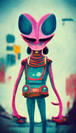Love alien depicted in pink colors and cartoon style. Artistic abstract alien. Perfect for phone wallpaper or for posters.の写真素材
