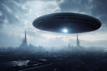 An alien saucer hovering over the city. UFO, alien invasion, unidentified flying object, visitors from space. The concept of space travel and extraterrestrial life. 3D renderの写真素材