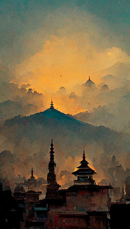 An amazing lost ancient city. Old buildings and mountains in the background. Fabulous fantastic old town. Fairy tale city concept. Perfect for phone wallpaper or for posters.の写真素材