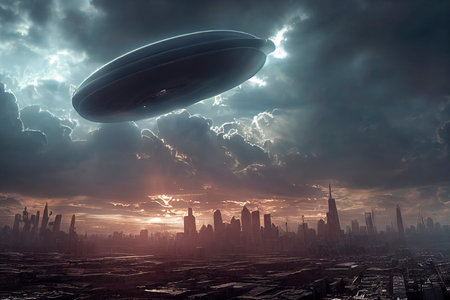 An alien saucer hovering over the city. UFO, alien invasion, unidentified flying object, visitors from space. The concept of space travel and extraterrestrial life. 3D renderの写真素材