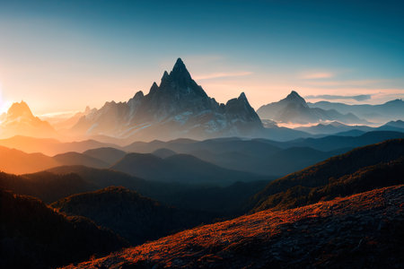 Beautiful ancient mountains at dawn, in the morning sunlight and in the fog. 3D rendering.の写真素材