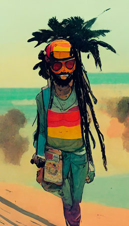 Abstract drawn Rastaman with dreadlocks and colorful clothes, on a summer beach. Rastaman Hiparian...