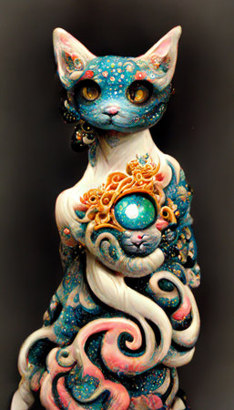 A fancy cat in unusual colorful magical clothing. Artistic abstract beautiful animal. Perfect for phone wallpaper or for posters. 3D rendering.の写真素材