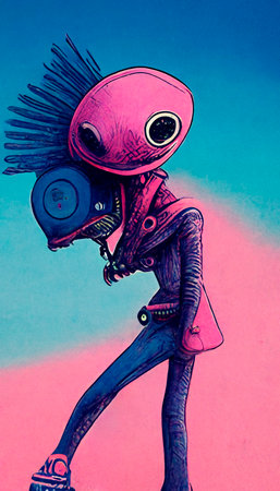 Love alien depicted in pink colors and cartoon style. Artistic abstract alien. Perfect for phone wallpaper or for posters.の写真素材