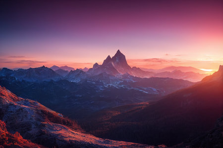 Beautiful ancient mountains at sunset, in the evening sunlight and in the fog. 3D rendering.の写真素材