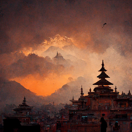 An amazing lost ancient city. Old buildings and mountains in the background. Fabulous fantastic old town. Fairy tale city concept. Perfect for phone wallpaper or for posters.の写真素材