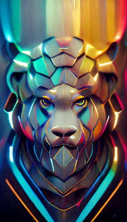 Royal surrealistic abstract chrome multicolored tiger. Growling tiger made of metal. Concept of the hunter. Perfect for phone wallpaper or for posters. 3d renderingの写真素材