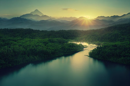 Beautiful ancient mountains at sunrise, in the evening sunlight and in the fog. 3D rendering.の写真素材