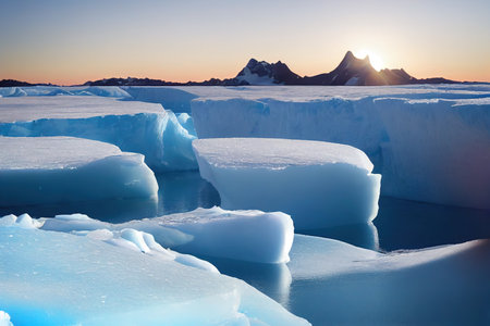 A sunny day in cold Antarctica. Antarctic icebergs. Reflection of icebergs in clear deep transparent...