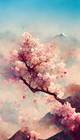 Cherry blossoms against a background of mountains and blue sky. An abstract drawing. Perfect for phone wallpaper or for posters.の写真素材