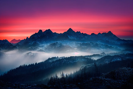 Beautiful ancient mountains at dawn, in the morning sunlight and in the fog. 3D rendering.の写真素材