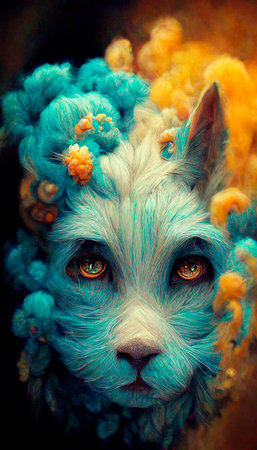 A fantasy magic dog in a fairy-tale wonderland forest. Artistic abstract cute animal. Perfect for phone wallpaper or for posters. 3D Rendering.の写真素材