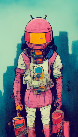 Love astronaut depicted in pink colors and cartoon style. Artistic abstract astronaut. Perfect for phone wallpaper or for posters.の写真素材