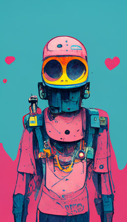 Love robot depicted in pink colors and cartoon style. Artistic abstract robot. Perfect for phone wallpaper or for posters.の写真素材