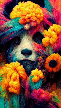 A fantasy Japanese panda in the midst of colorful flowers in a magical enchanted place. Artistic abstract beautiful animal. Perfect for phone wallpaper or for posters.の写真素材