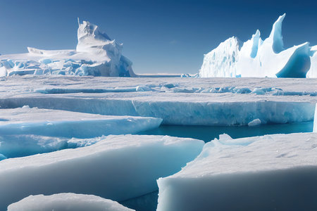 A sunny day in cold Antarctica. Antarctic icebergs. Reflection of icebergs in clear deep transparent...