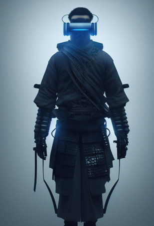 Realistic portrait of a sci-fi cyberpunk men in a cyber suit. High-tech futuristic man from the future. The concept of virtual reality and cyberpunk. 3D render.の写真素材