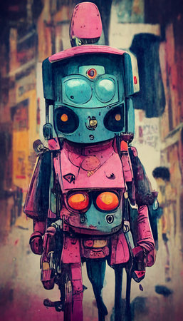 Love robot depicted in pink colors and cartoon style. Artistic abstract robot. Perfect for phone wallpaper or for posters.の写真素材