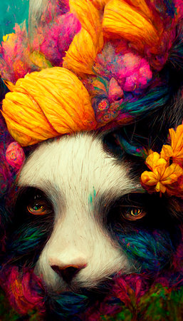 A fantasy Japanese panda in the midst of colorful flowers in a magical enchanted place. Artistic abstract beautiful animal. Perfect for phone wallpaper or for posters.の写真素材