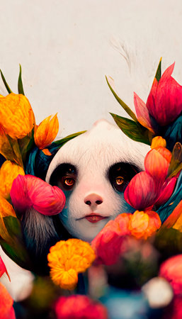 A fantasy Japanese panda in the midst of colorful flowers in a magical enchanted place. Artistic abstract beautiful animal. Perfect for phone wallpaper or for posters. 3D Rendering.の写真素材