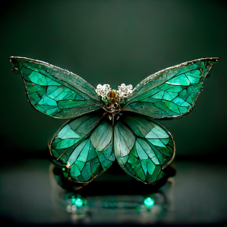 Butterfly of gemstones and crystals. Emerald or tourmaline green crystals. Jewelry made of crystals. Perfect for phone wallpaper or for posters. 3D Rendering.の写真素材