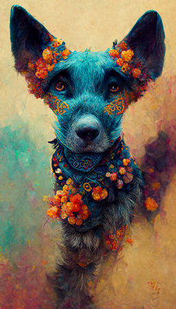 A fantasy magic dog in a fairy-tale wonderland forest. Artistic abstract cute animal. Perfect for phone wallpaper or for posters. 3D Rendering.の写真素材