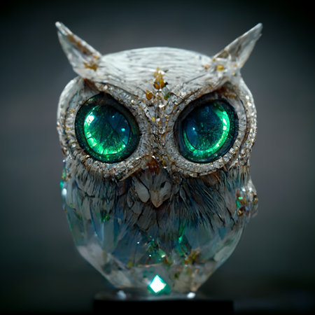 Crystal magical owl with beautiful eyes. Artistic abstract cute bird. Perfect for phone wallpaper or for posters. 3D rendering.の写真素材