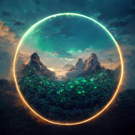 Fabulous abstract colorful landscape of mountains and nature. Mountains during sunrise. A beautiful landscape in the summertime.の写真素材