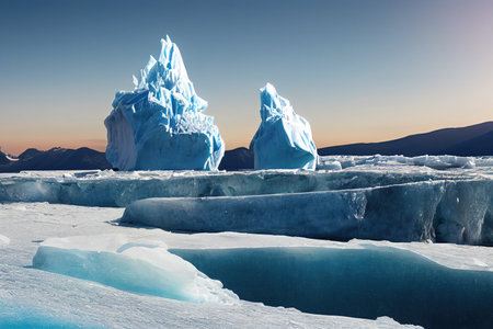 A sunny day in cold Antarctica. Antarctic icebergs. Reflection of icebergs in clear deep transparent...
